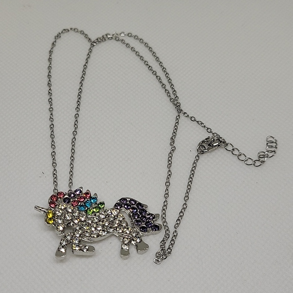 Unicorn Multi Color Rhinestone 1.5" Silver Tone 18" + 2" Ext Necklace